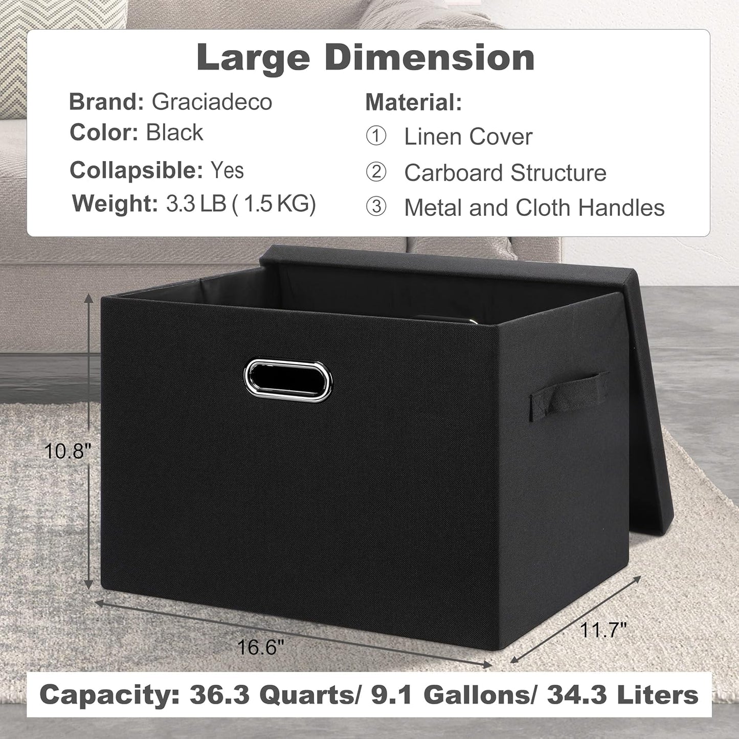 Contenedores apilables 17" 36qt con tapas tela negra 4 asas