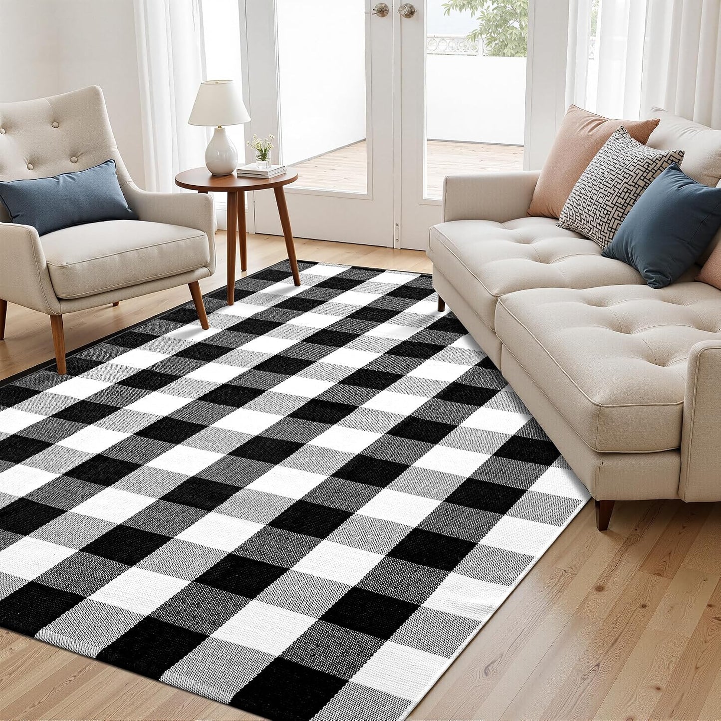 Alfombra cuadros 5x7ft algodón tejida a mano para interior