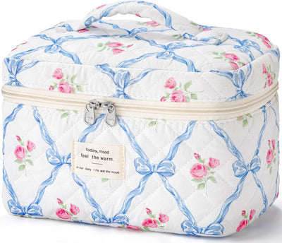 Bolsa maquillaje acolchada algodón con asa florales coquette