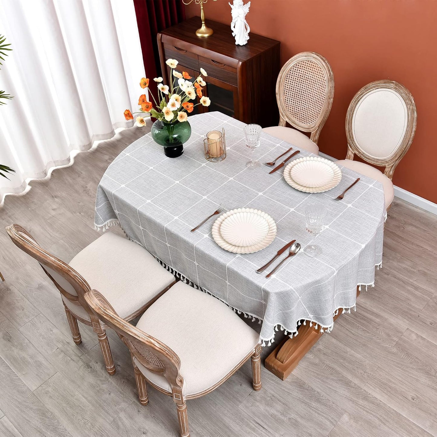 Mantel cuadros estilo granja gris 60x120pulg algodón lino