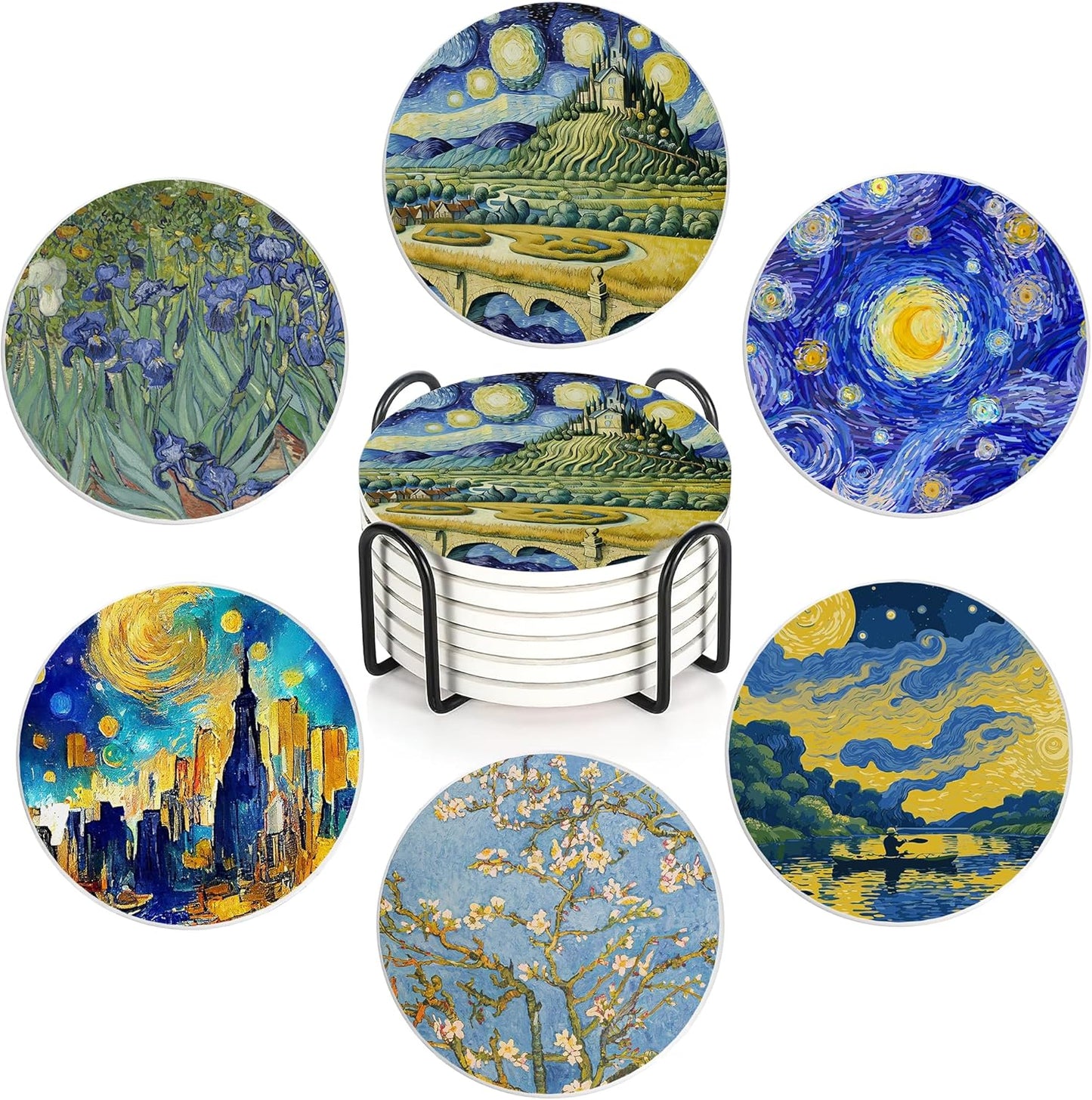Set 6 posavasos cerámica estilo Van Gogh con base corcho