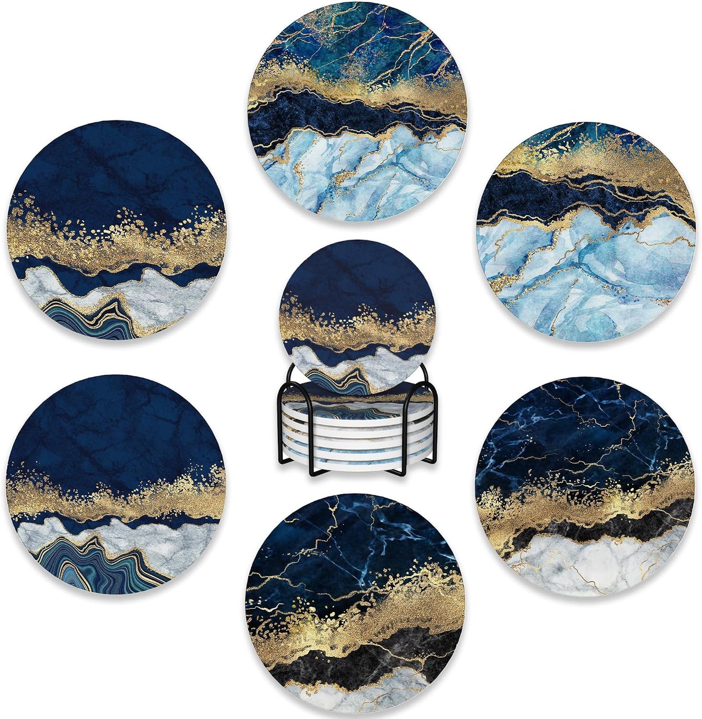 6 Posavasos Mármol Azul Dorado con Soporte Corcho
