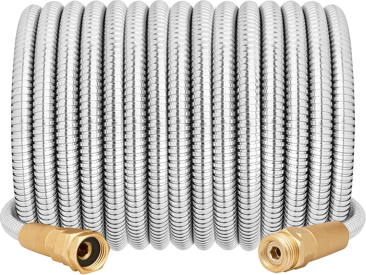Manguera jardín corta metal 25ft hembra a macho flexible