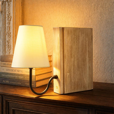 Lámpara mesa madera pantalla lino control táctil 3 colores