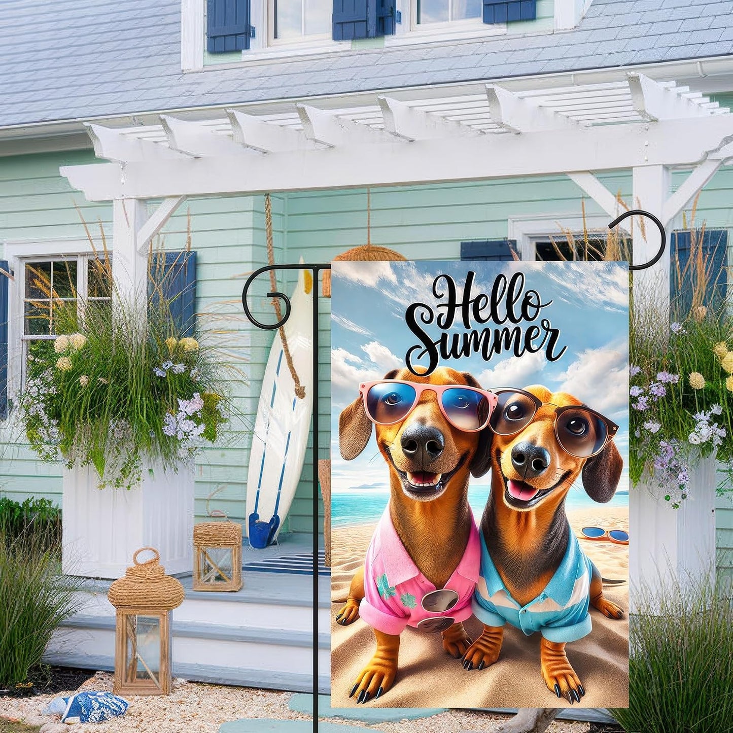 Bandera perro salchicha hello summer 12x18pulg doble cara exterior