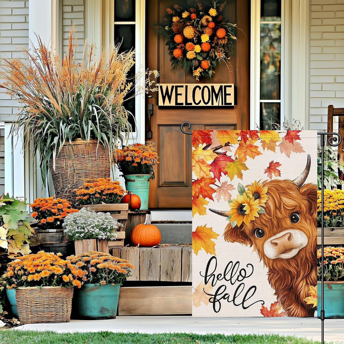 Bandera jardín Hello Fall vaca 12x18" doble cara