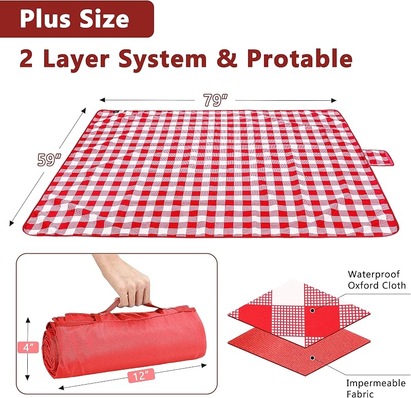 Manta picnic impermeable 60x80pulg cuadros rojos plegable