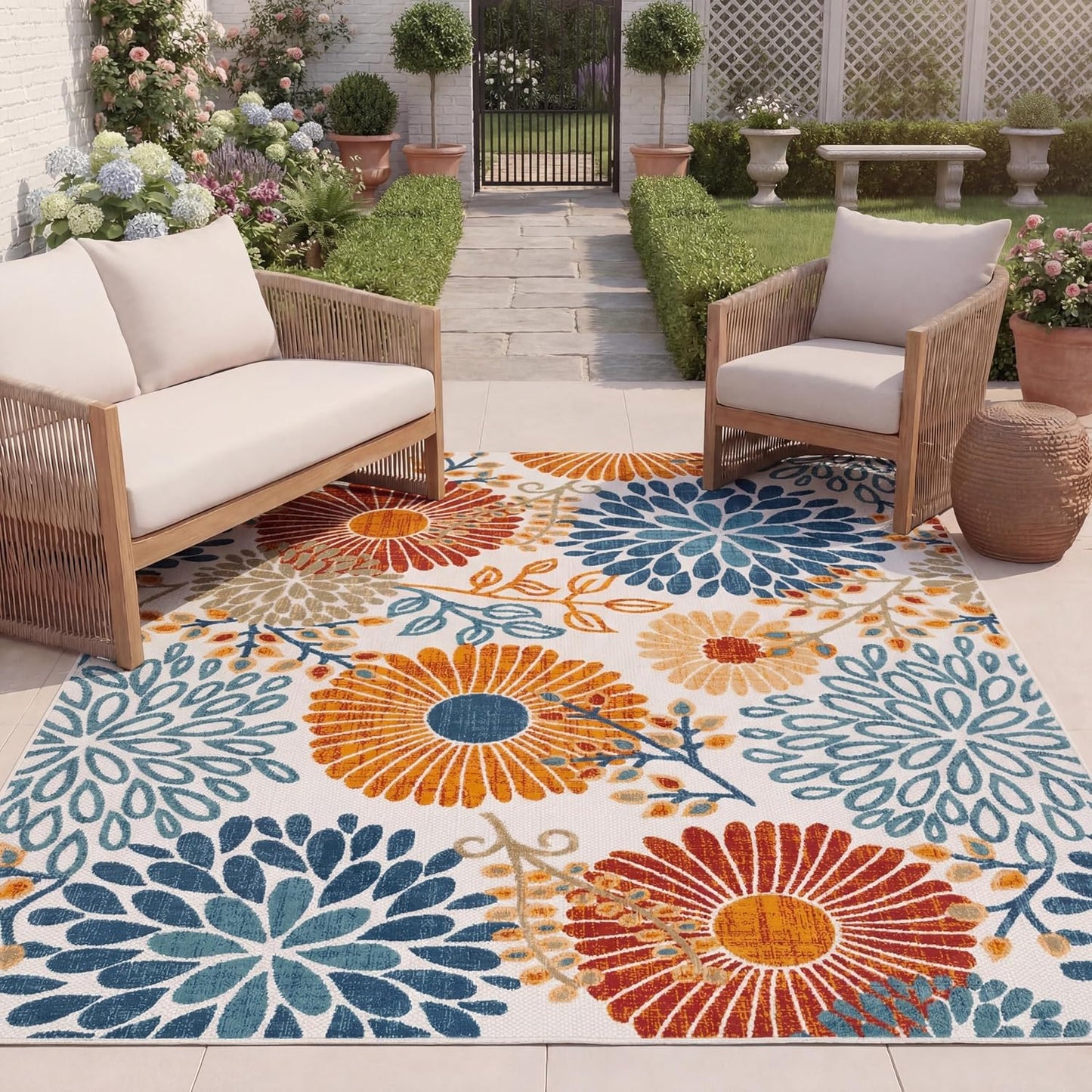 Alfombra exterior lavable 8x10ft crema y rojo