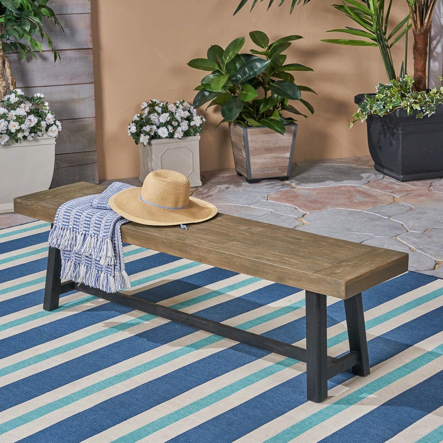 Banco madera acacia acabado gris y negro