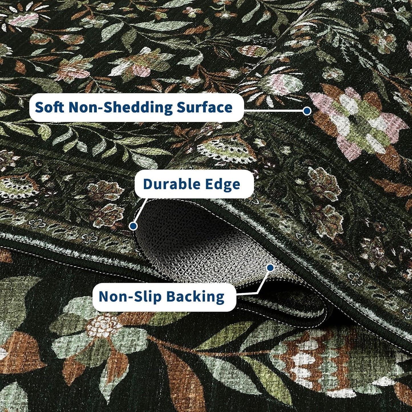 Alfombra floral verde musgo 5x7ft antiderrap interior