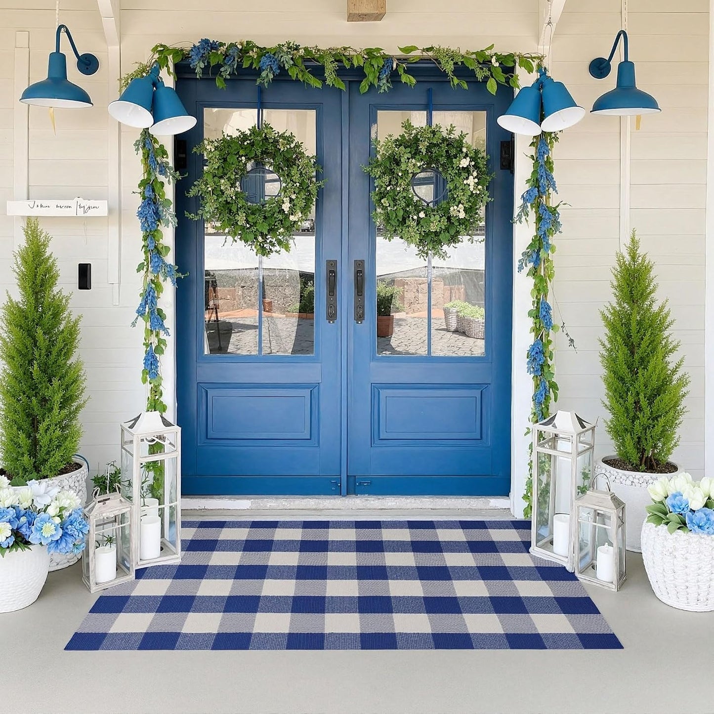 Alfombra cuadros Buffalo 3x5ft Azul Blanco para puerta
