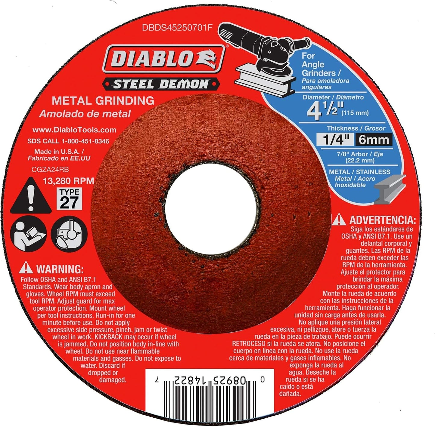 Disco molienda metal cerámica tipo 27 4-1/2x1/4x7/8 pulg