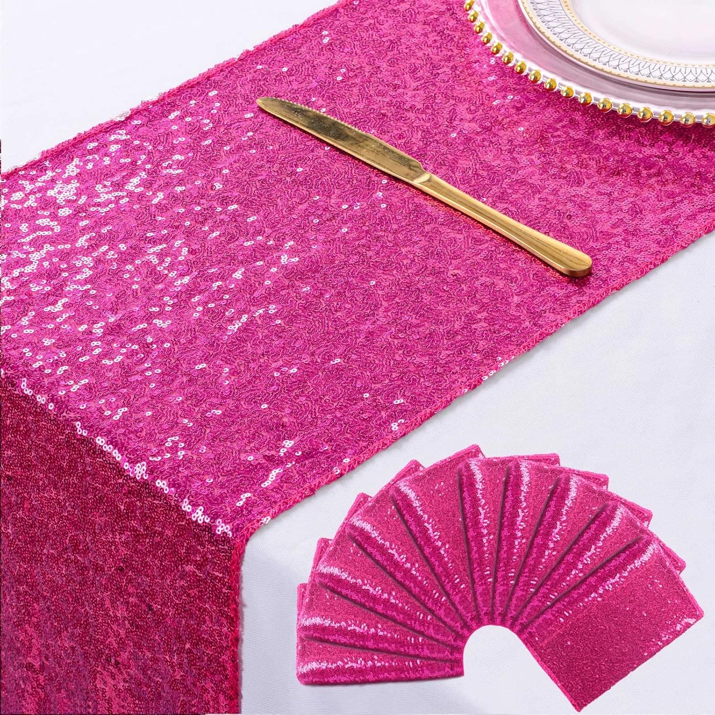 Camino mesa fucsia lentejuelas 12x108pulg set 10