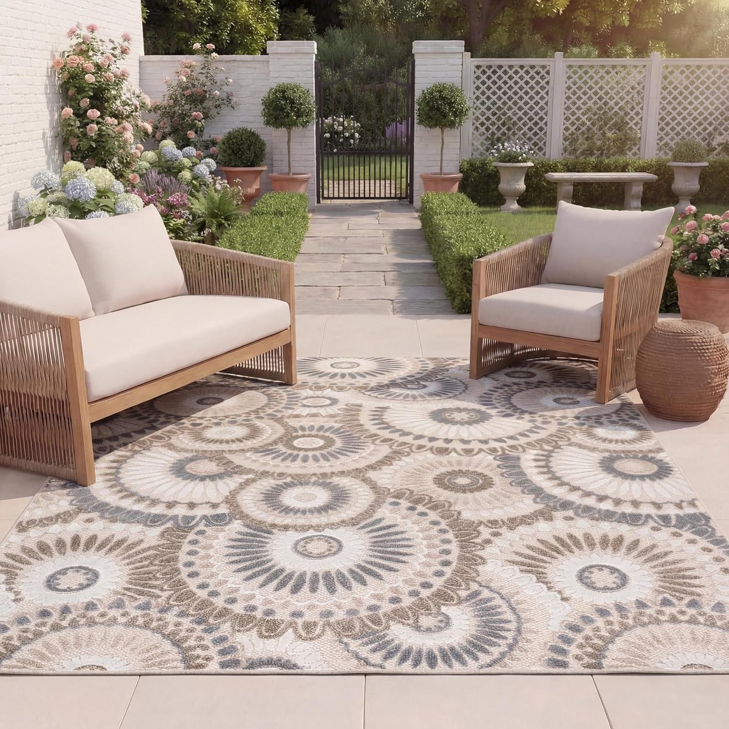 Alfombra exterior lavable 6'7"x9' gris y marfil CBN382F