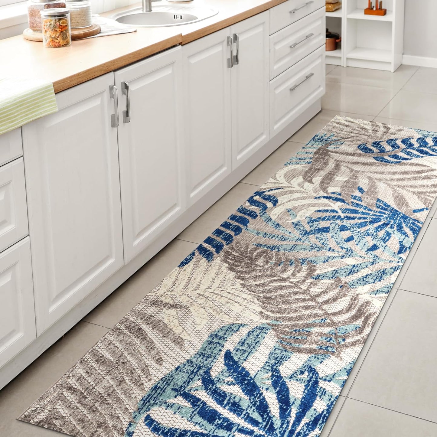 Alfombra 2x8ft diseño palmera bohemio gris/azul
