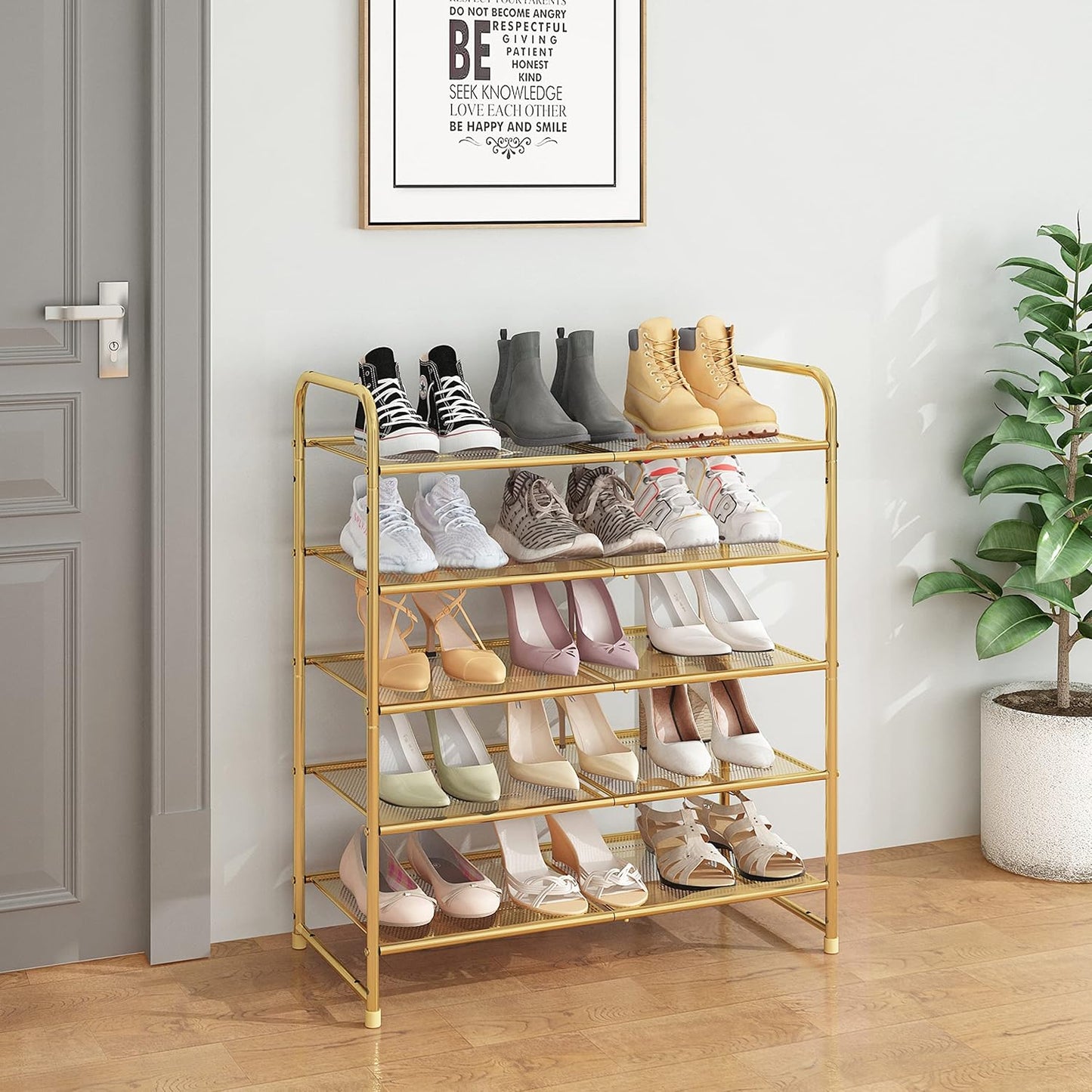 Zapatero apilable 5 niveles malla metal dorado