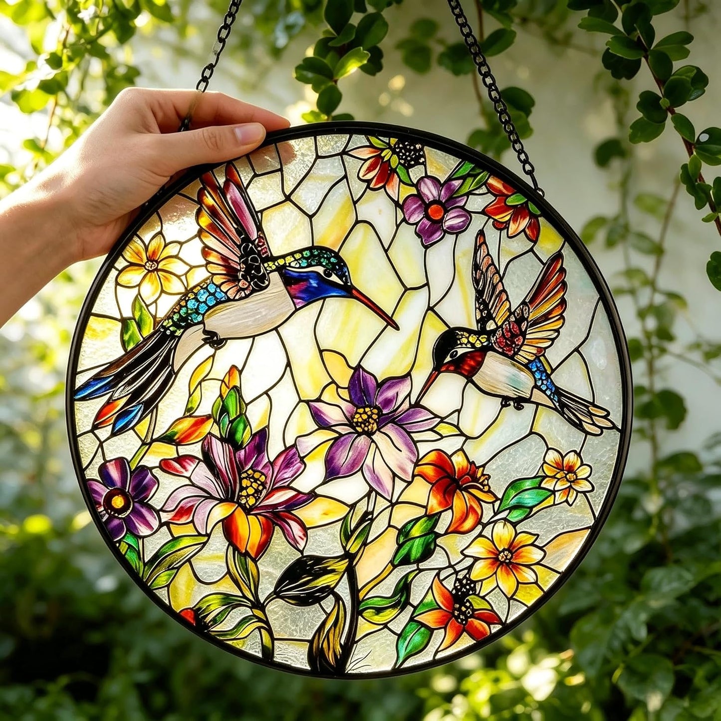 Atrapasoles vidriera con flores y aves 16cm