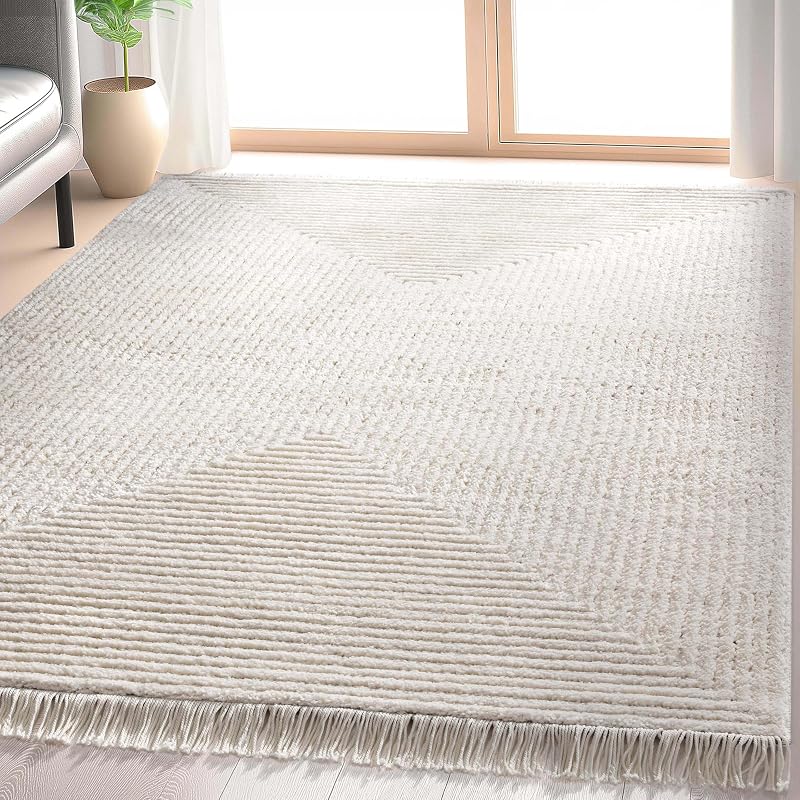 Alfombra geométrica marfil 5x7ft textura suave sala