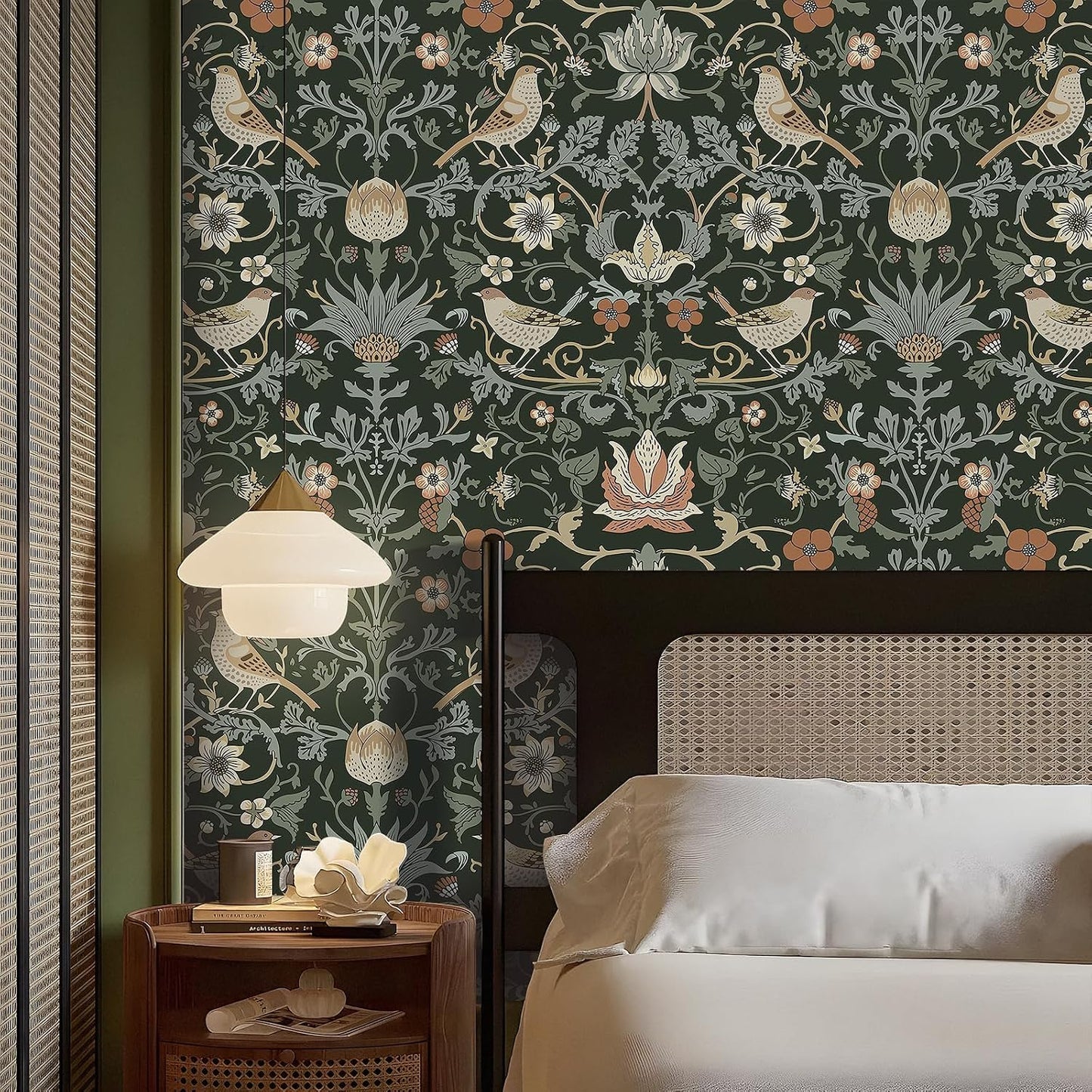 Papel tapiz vintage William Morris 17.5x591pulg verde y negro