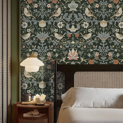 Papel tapiz vintage William Morris 17.5x591pulg verde y negro