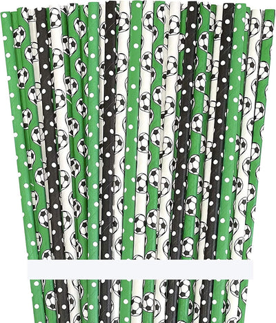 Pajitas papel pelota fútbol 100uds blancas negras verdes