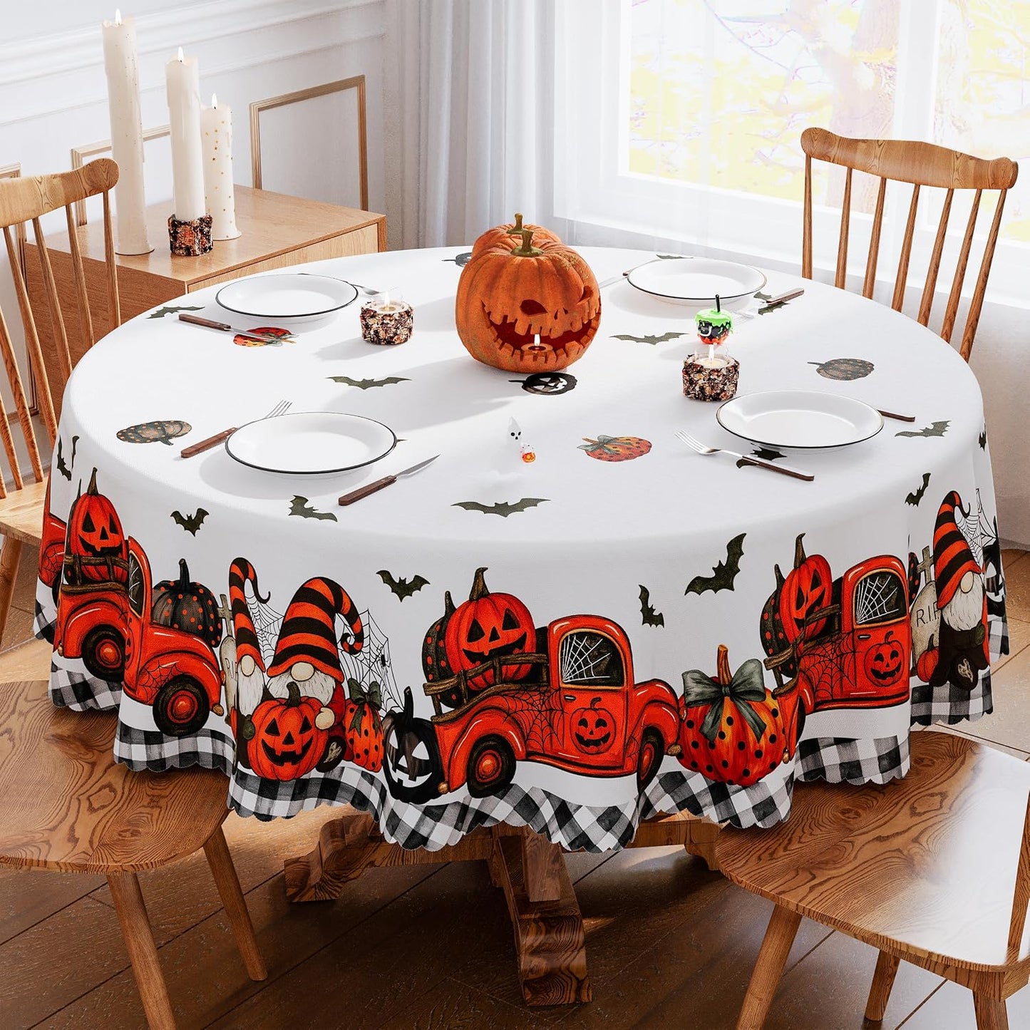 Mantel Halloween 70x70pulg con borde festoneado impermeable