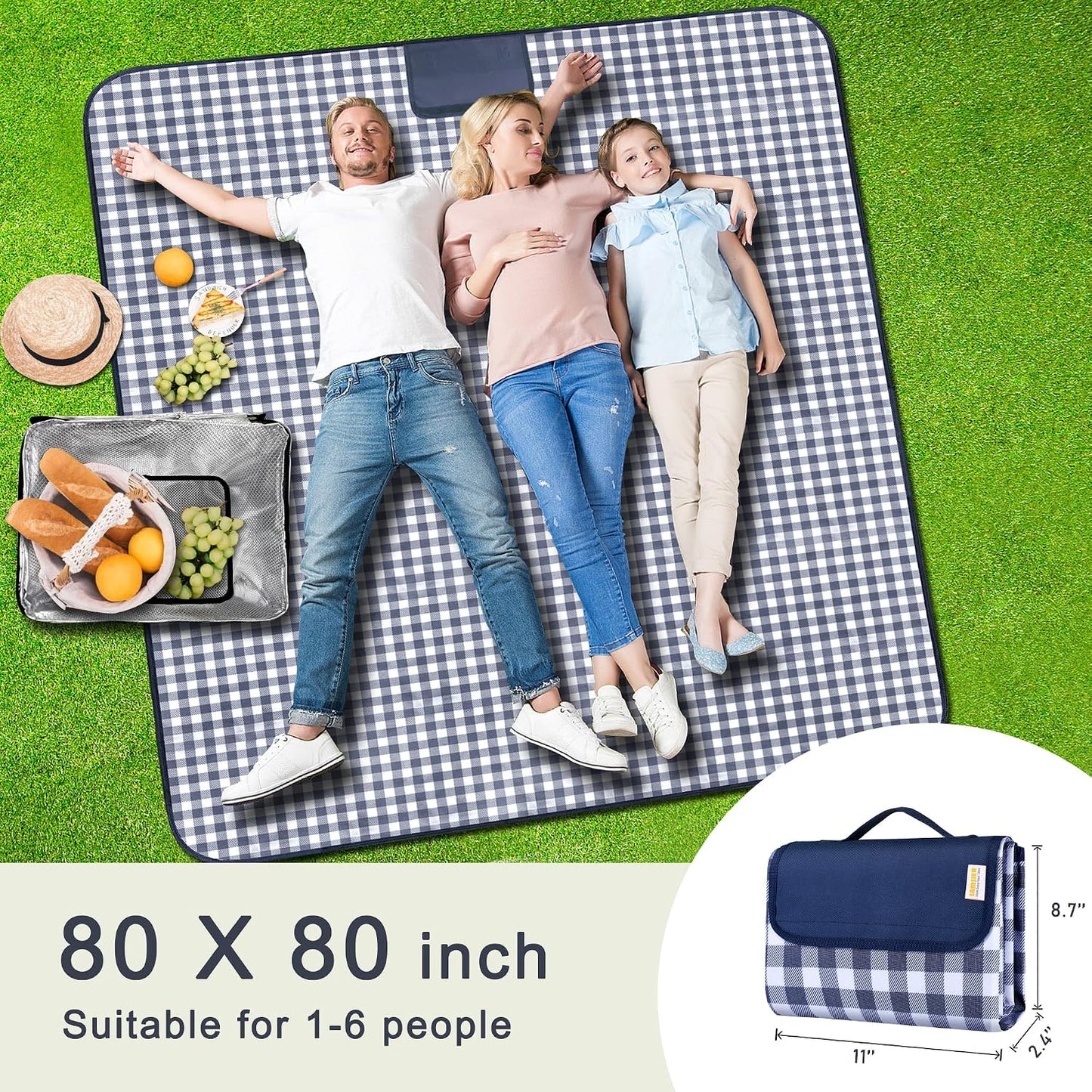 Manta pícnic impermeable plegable 80x80" azul marino