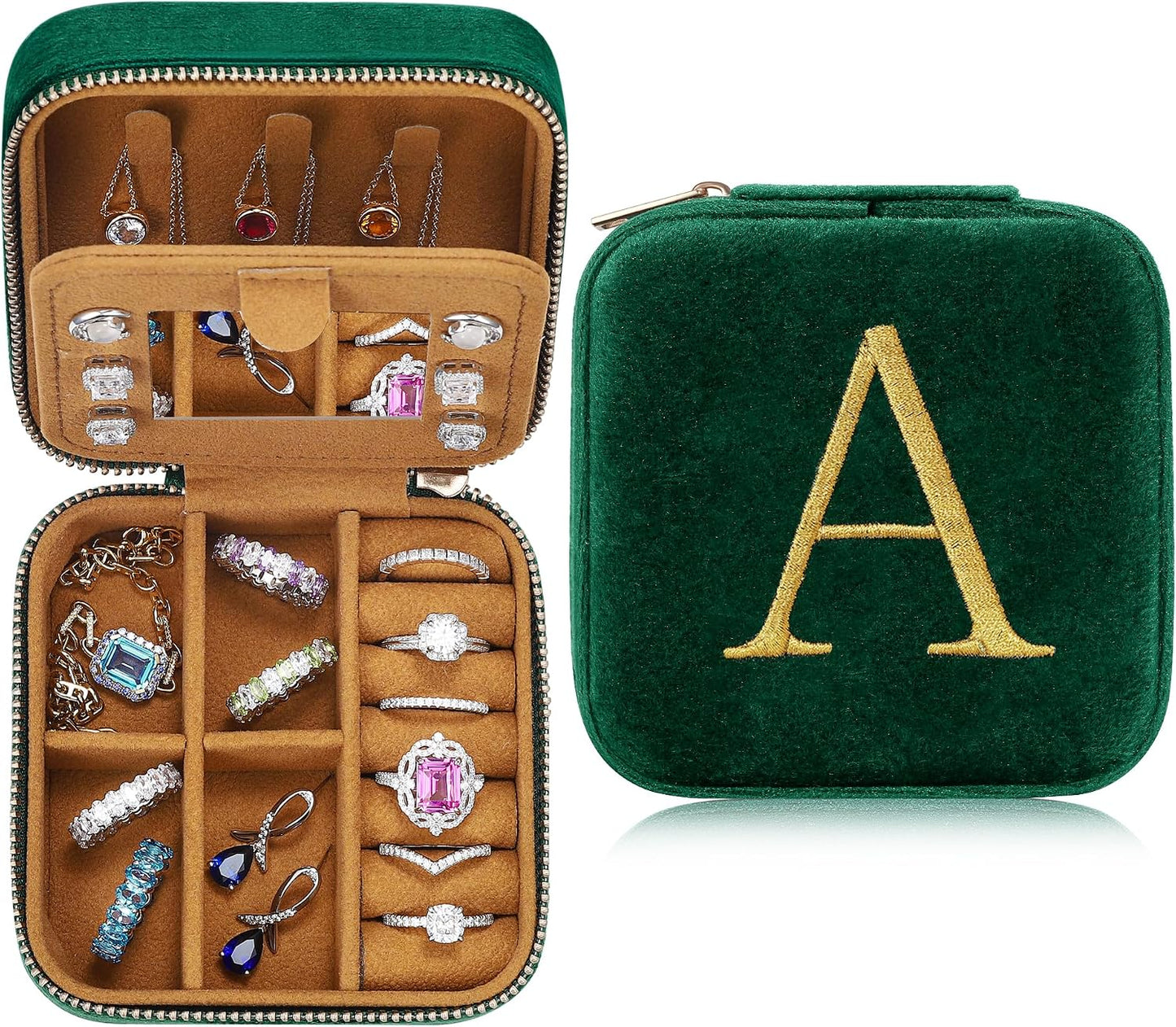 Estuche terciopelo joyería viaje letra A verde
