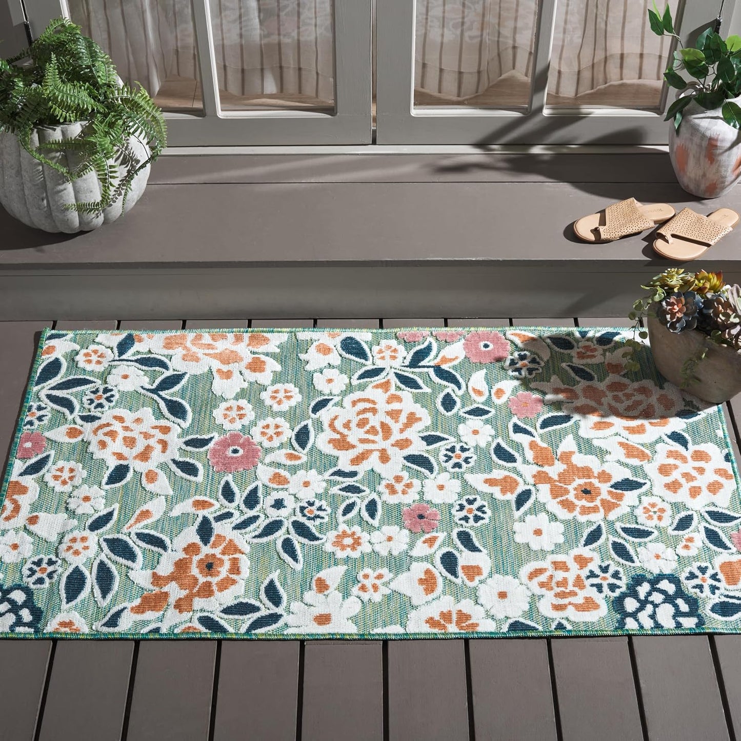 Alfombra decorativa 2'7x5' verde azul marino resistente