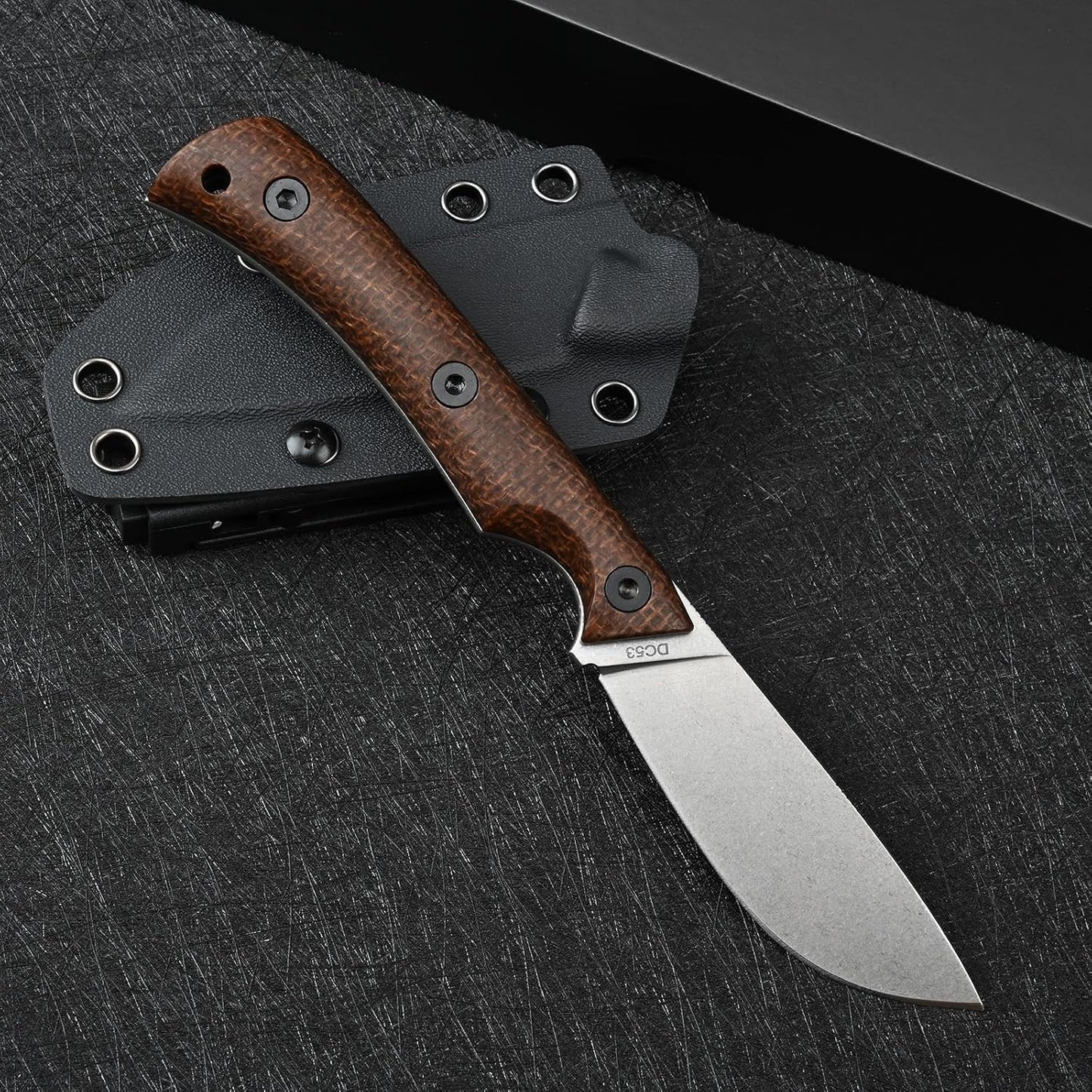 Cuchillo táctico DC53 acero micarta vaina kydex EDC