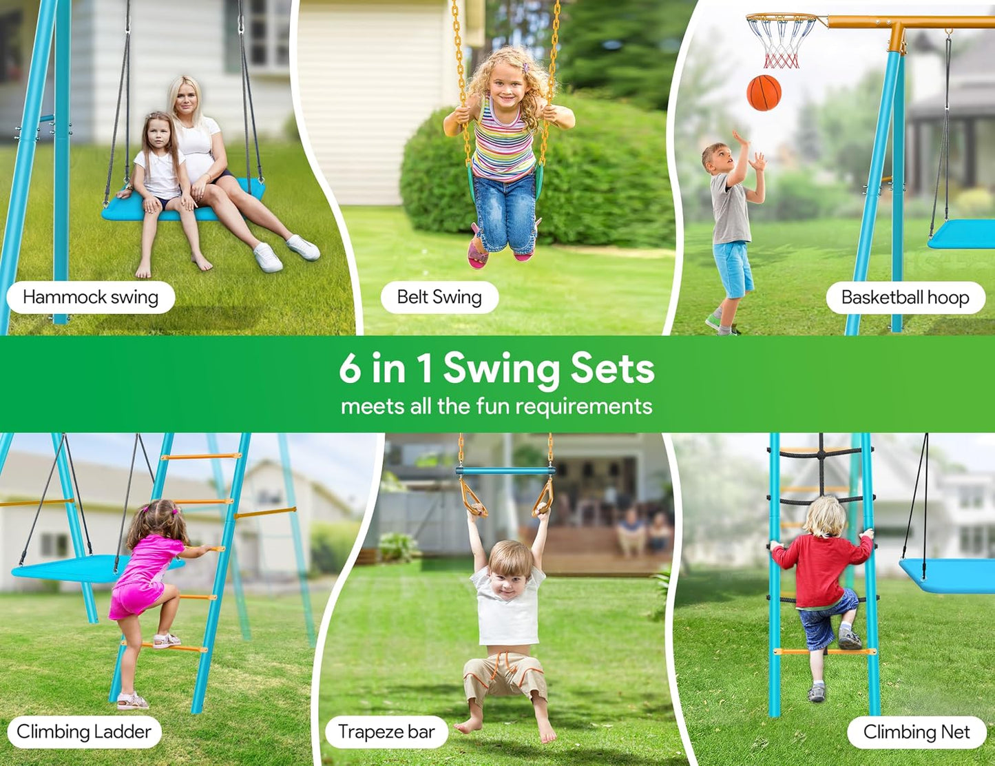 Set 6en1 columpios metal niños escalada trapecio aro azul