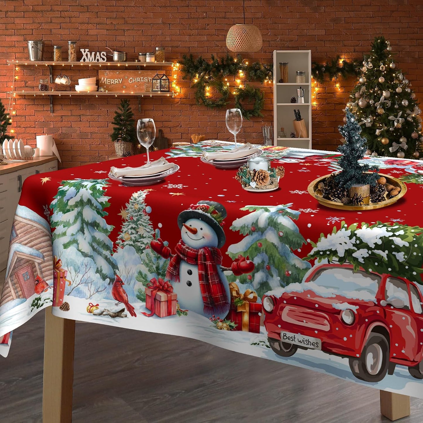 Mantel navideño cuadrado 54x54pulg con muñecos de nieve