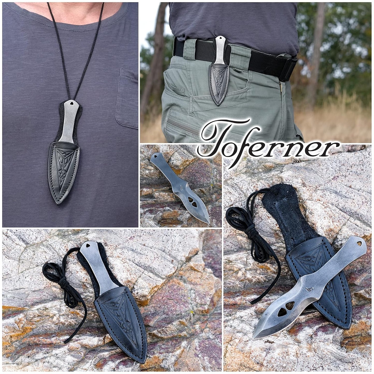 Cuchillo deportivo forjado a mano con funda cuero negro