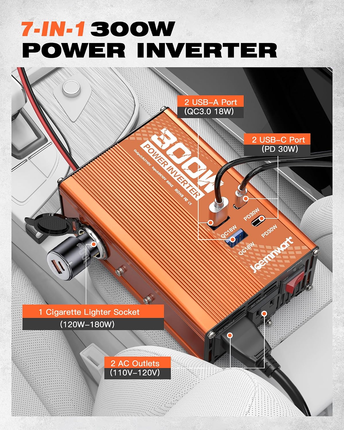 Inversor 12V a 110V CA 300W con USB-A y USB-C para auto