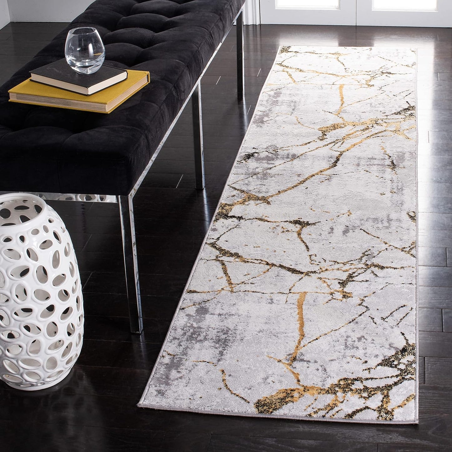 Alfombra pasillo 2x8ft gris y dorado diseño moderno