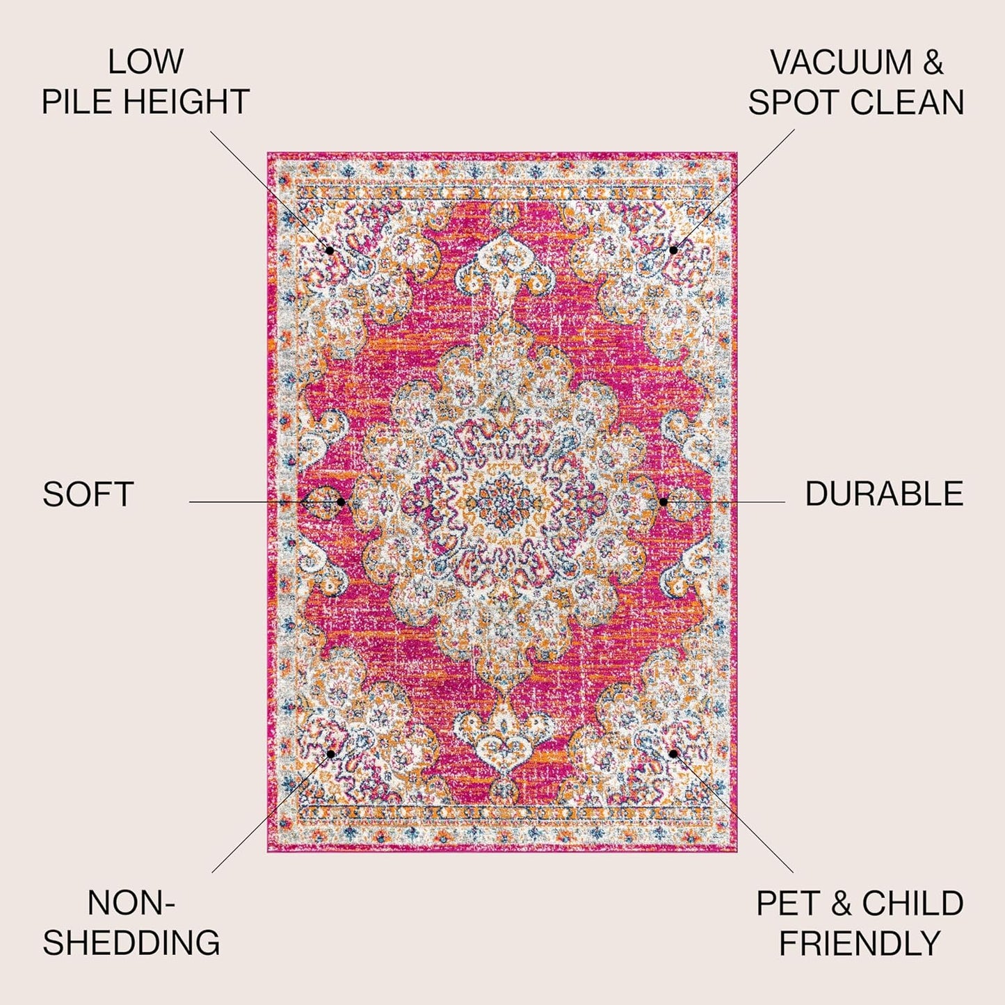 Alfombra bohemia rosa crema 3x5 medallón sala dormitorio