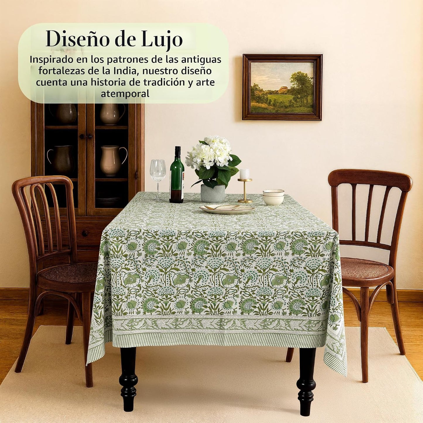 Mantel cuadrado algodón 60x60pulg estampado bloques verde