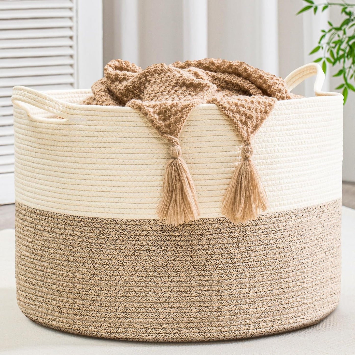 Cesta tejida algodón XXXL 21.7x13.8pulg 90L para manta sala