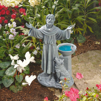 Estatua Francisco de Asís con bebedero pájaros 19pulg resina gris