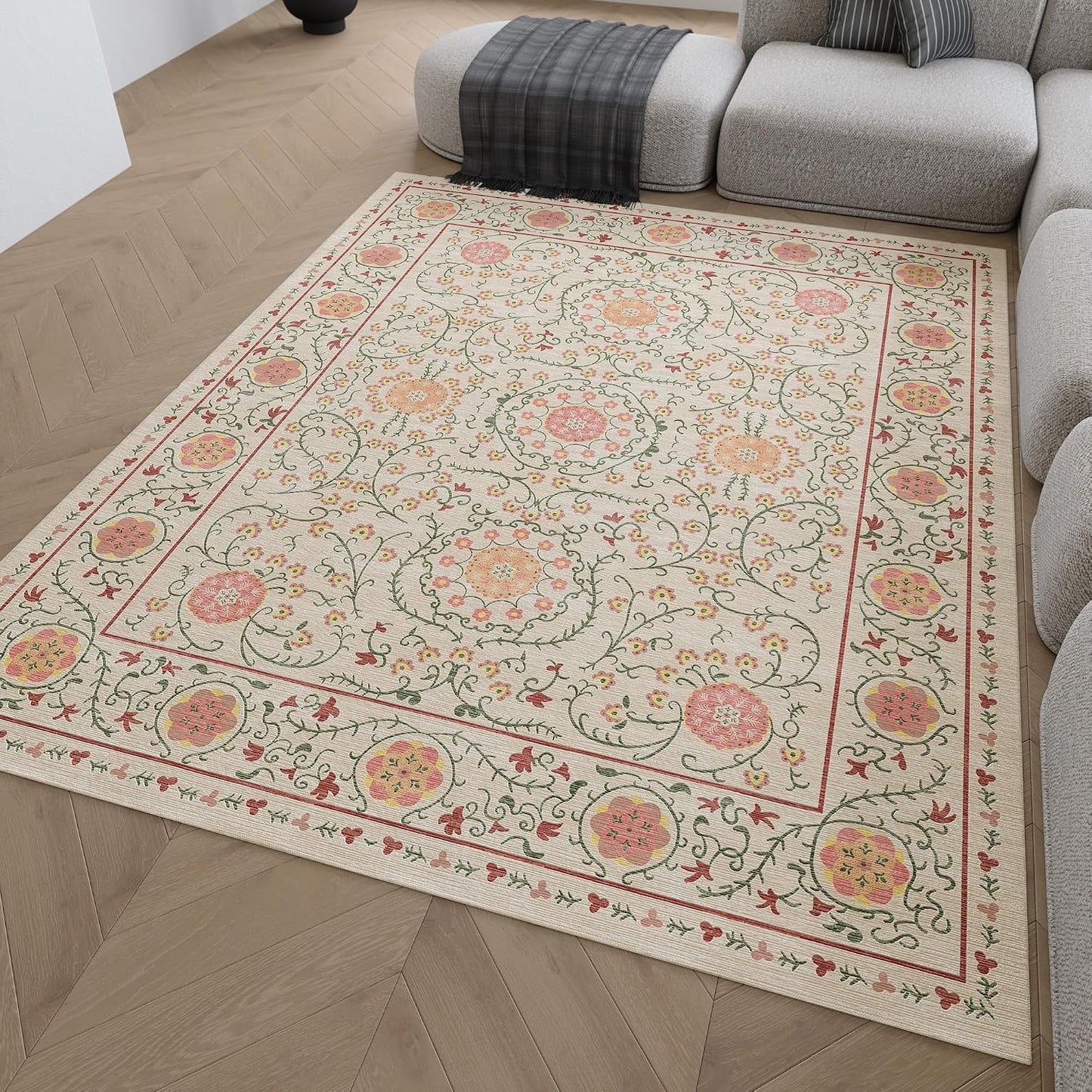 Alfombra vintage floral 8x10pulg beige y rosa lavable
