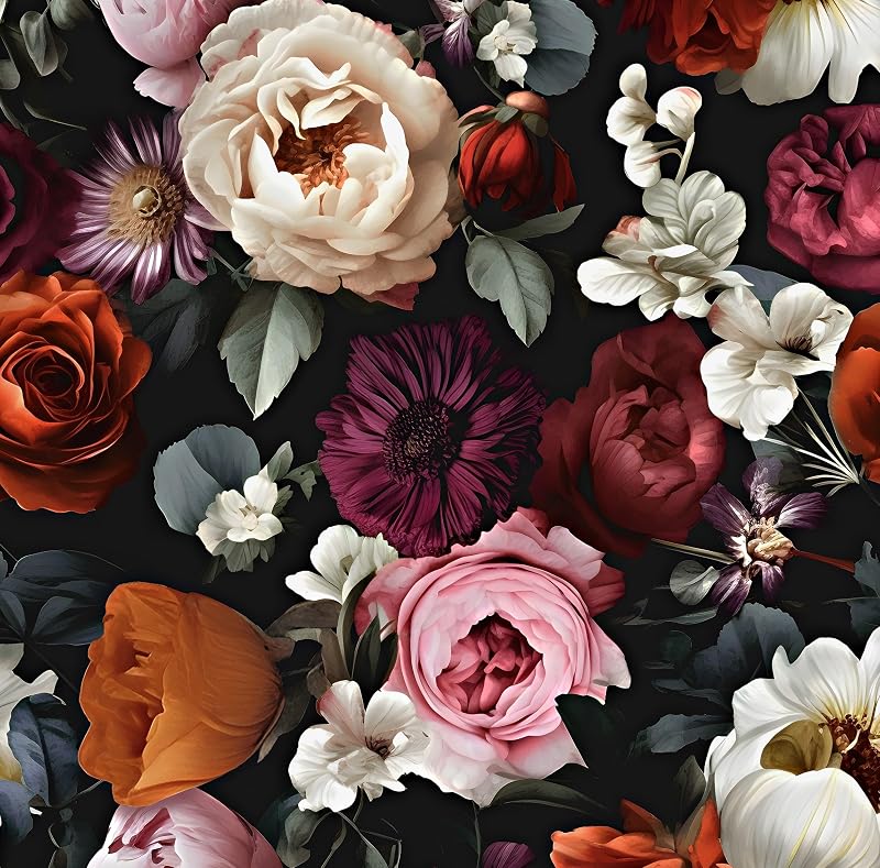 Papel tapiz vintage floral rojo y negro 17.5x393"