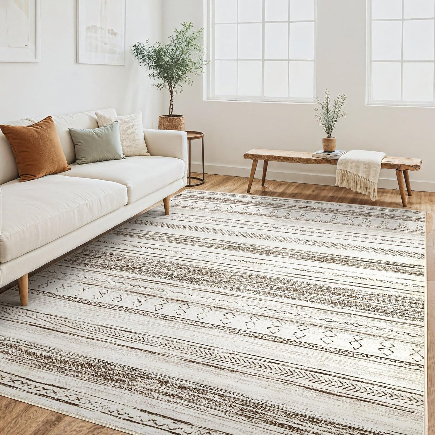 Alfombra sala 5x7 lavable suave neutro boho marroquí