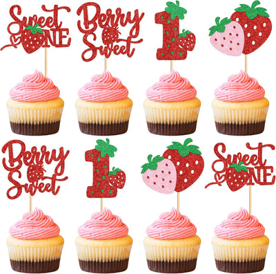 24 Pzas Decoración Cupcakes Fresa Roja Primer Cumpleaños
