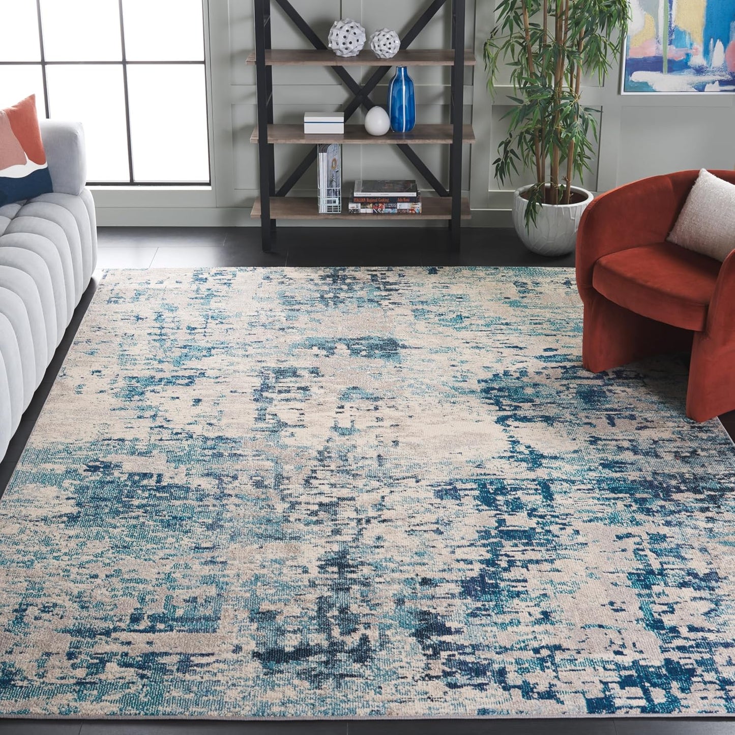 Alfombra cuadrada 8ft color marfil y turquesa sala