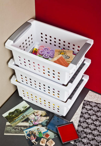 Cesta apilable blanca con detalles titanio set 6