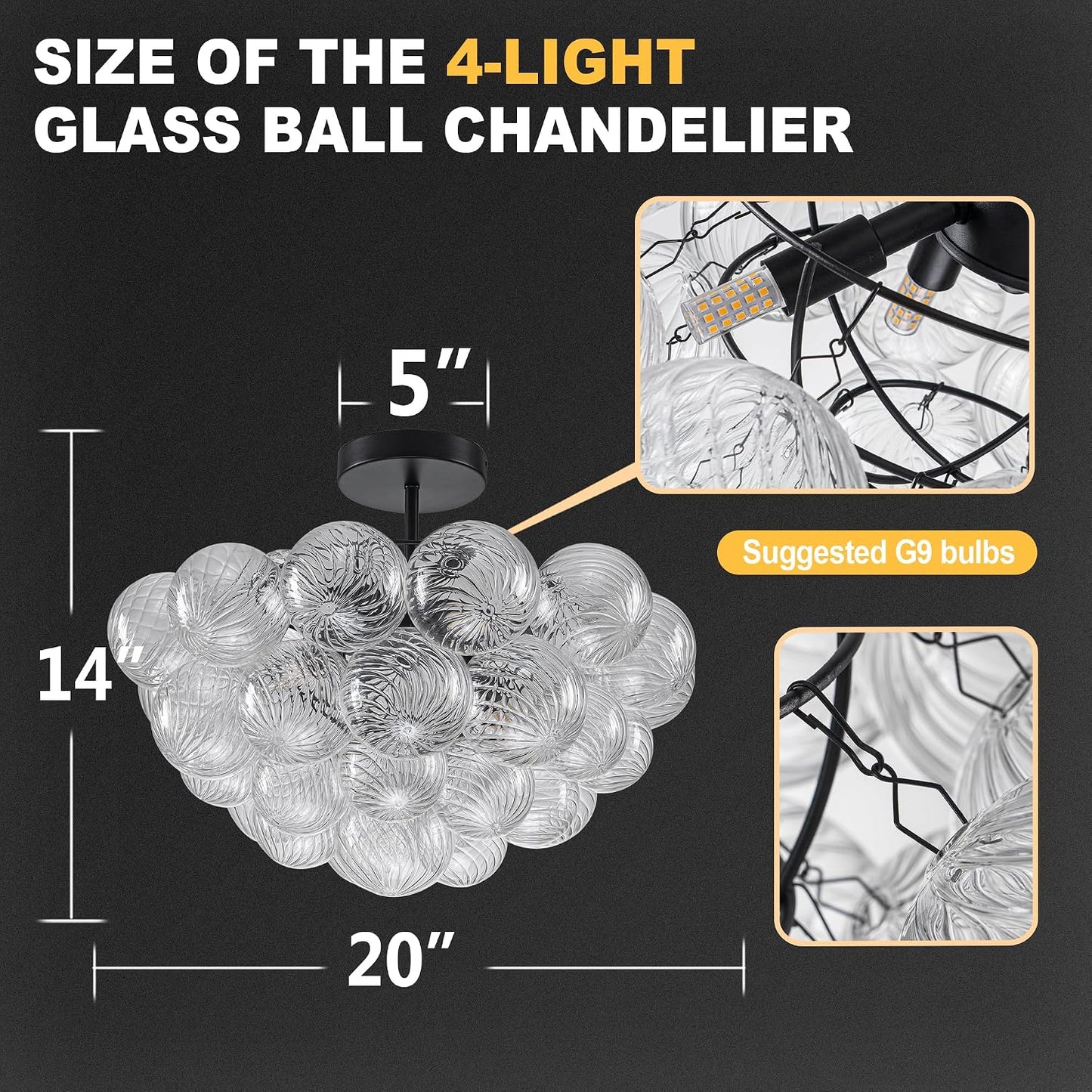 Candelabro cristal burbujas negro 20pulg lámpara techo