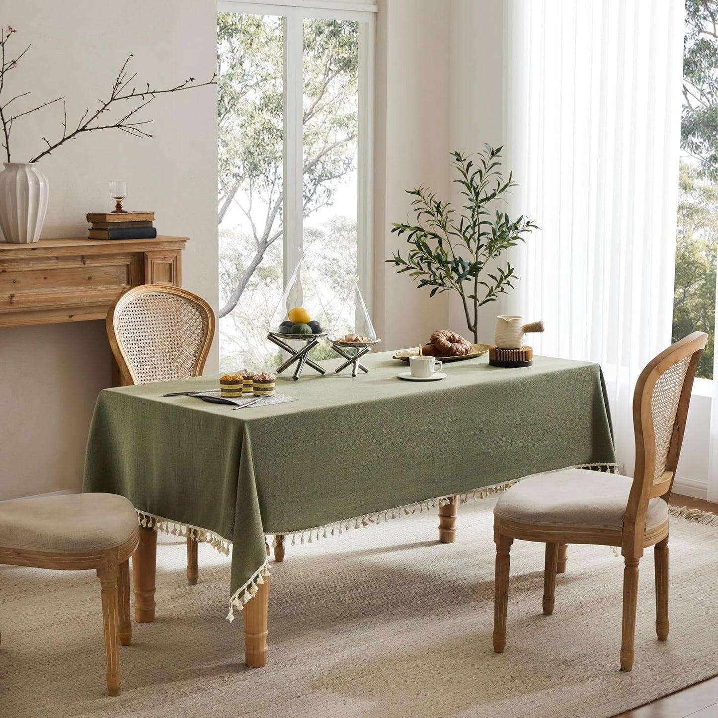 Mantel lino borlas verde oliva 52x52pulg resistente agua