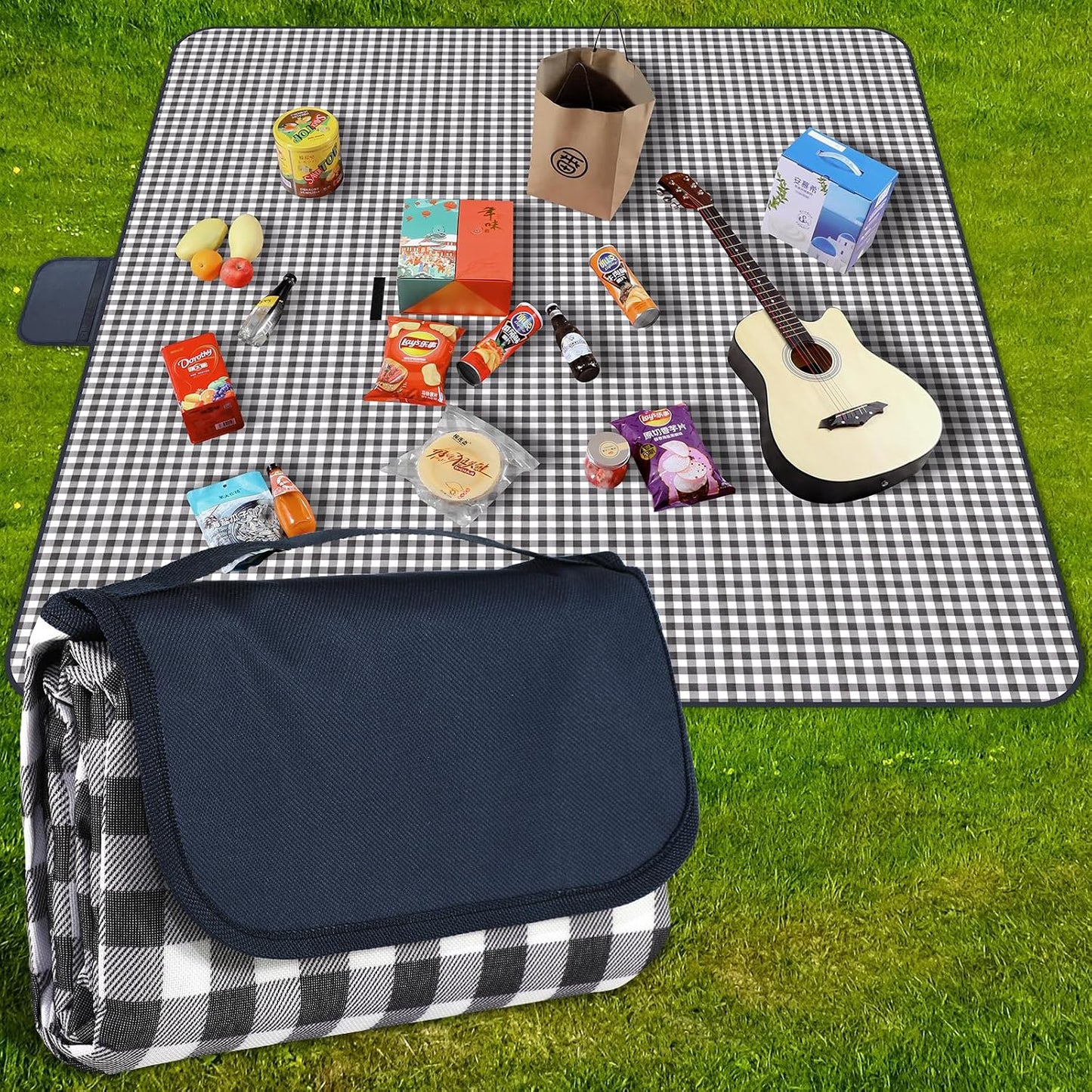 Manta picnic impermeable 80x80" azul cuadros con asa