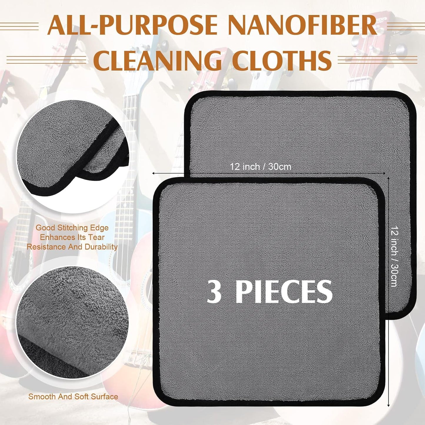 3 Pzas Paños Microfibra para Guitarra Bajo Violín 12x12pulg