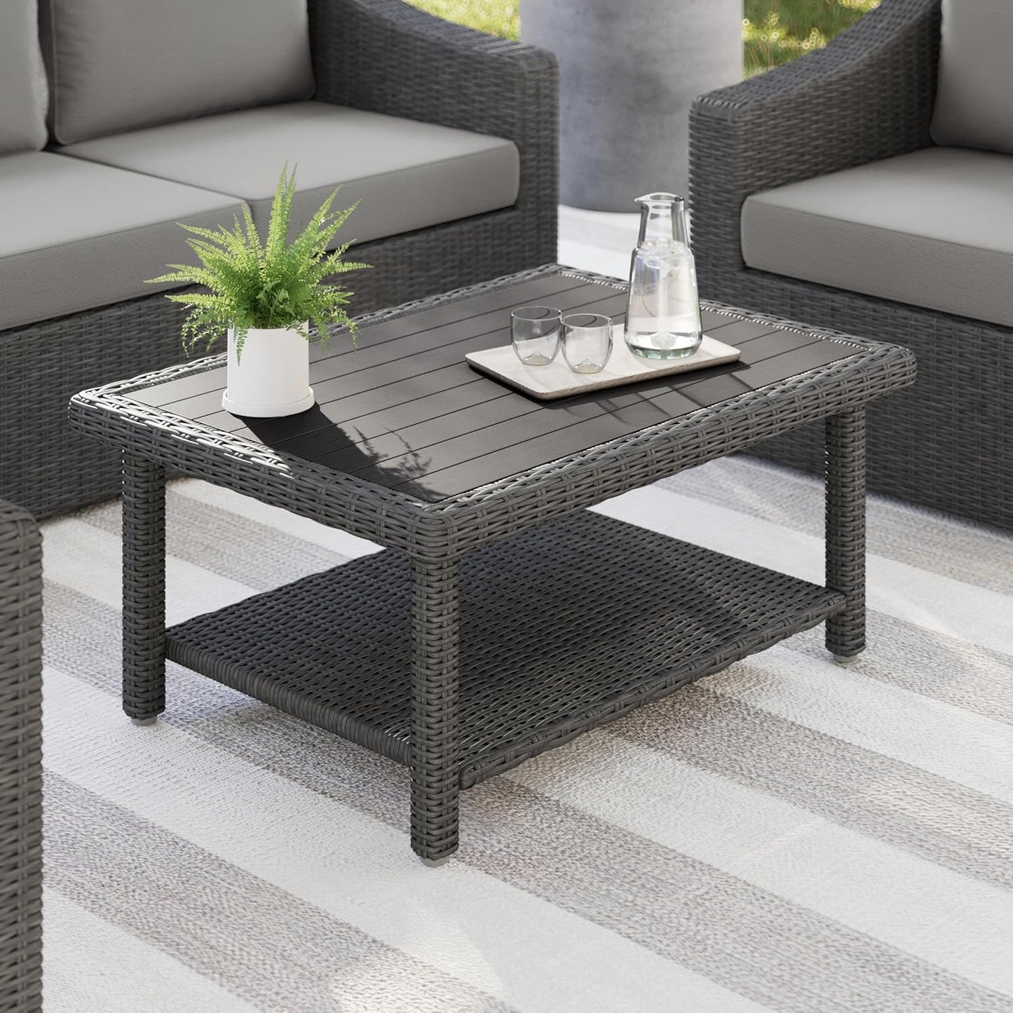 Mesa centro patio madera sintética mimbre gris